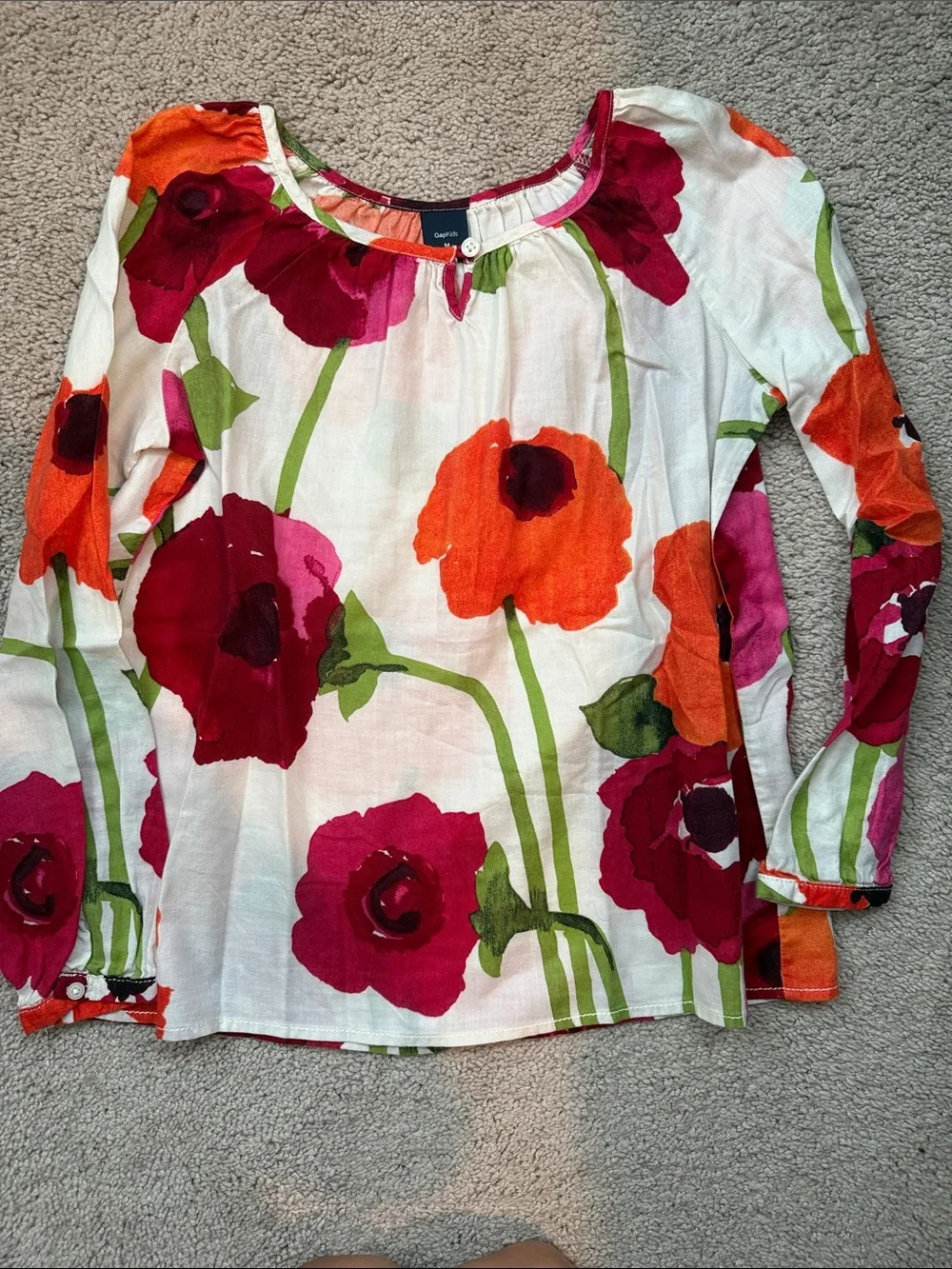 Girls Gap Medium Floral Long Sleeve Blouse - White with Pink & Orange Poppies